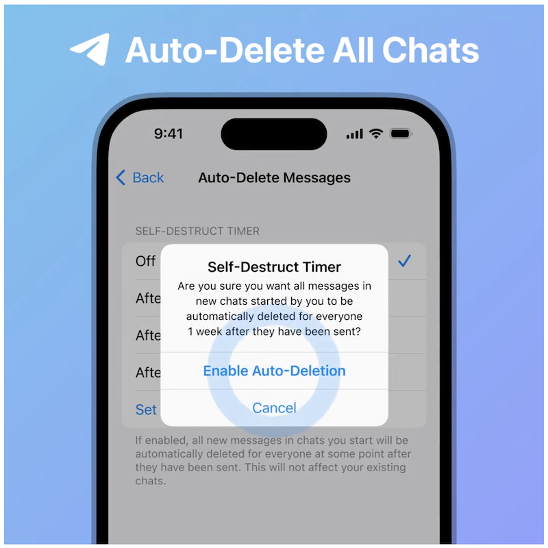 В Telegram появился таймер для удаления сообщений во всех новых чатах