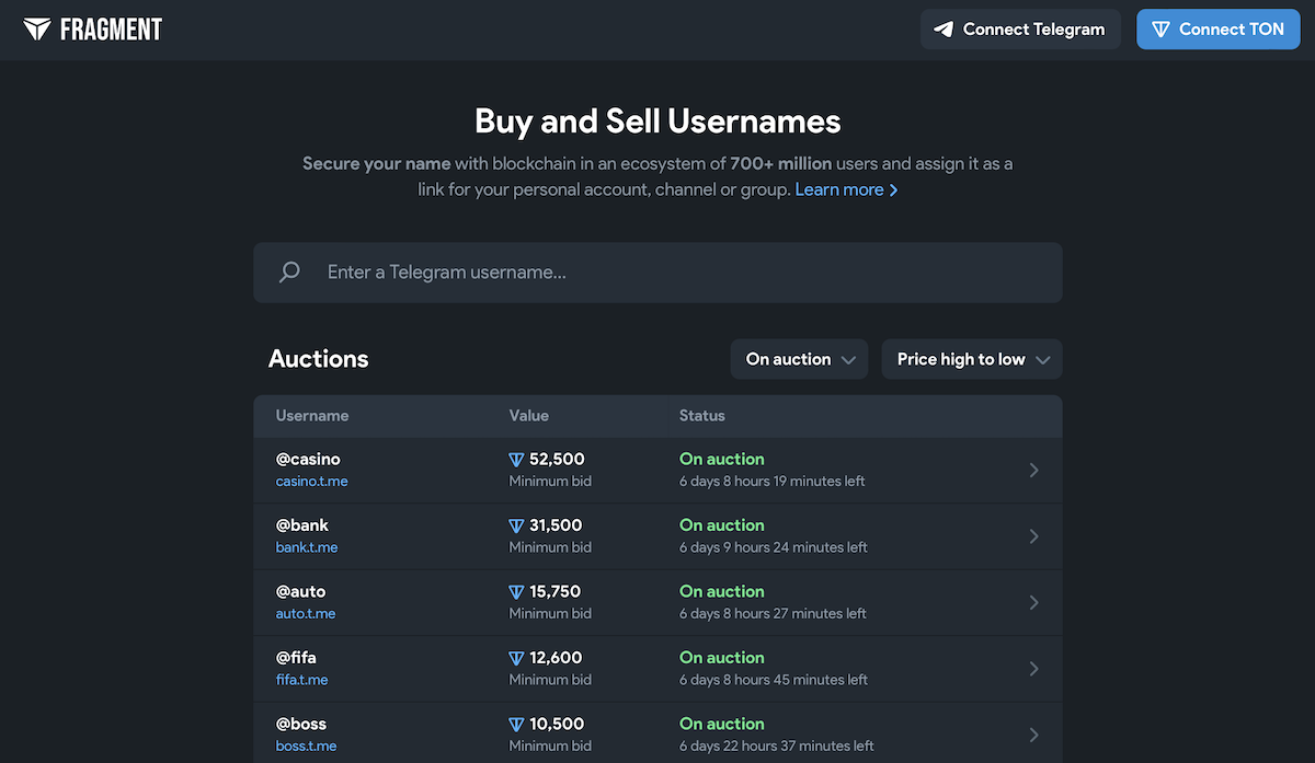 Стартовал аукцион Telegram-юзернеймов